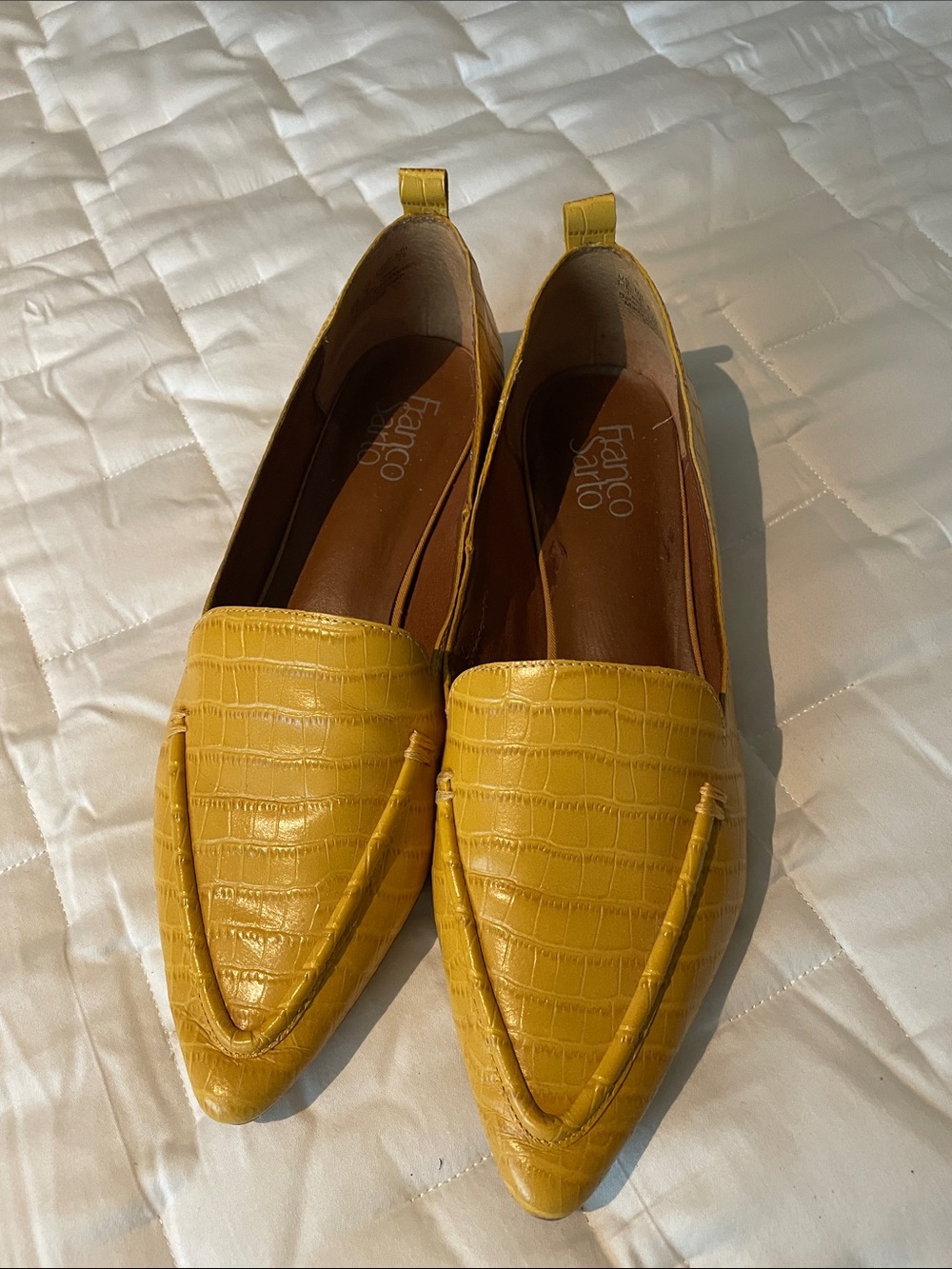 Franco Sarto Mustard Croc-Embossed Pointed Loafers